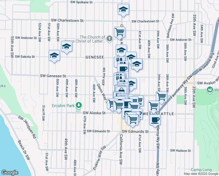 map of restaurants, bars, coffee shops, grocery stores, and more near 4444 44th Avenue Southwest in Seattle