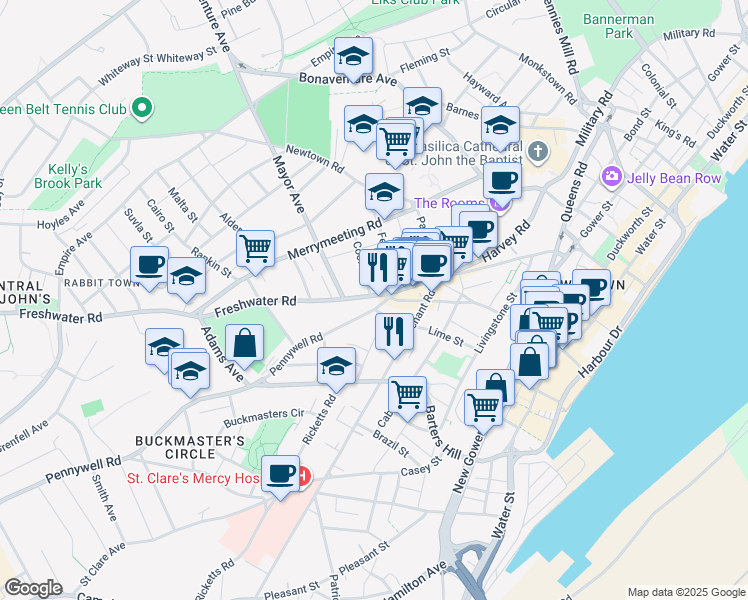 map of restaurants, bars, coffee shops, grocery stores, and more near 41 Freshwater Road in St. John's