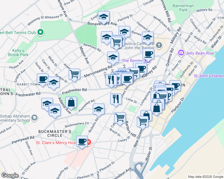 map of restaurants, bars, coffee shops, grocery stores, and more near 4 Pennywell Road in St. John's