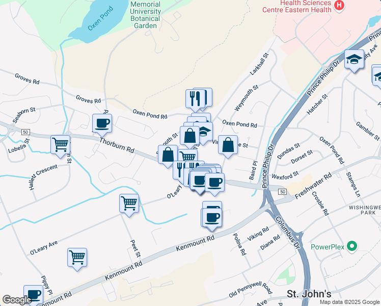 map of restaurants, bars, coffee shops, grocery stores, and more near 16 Donegal Place in St. John's