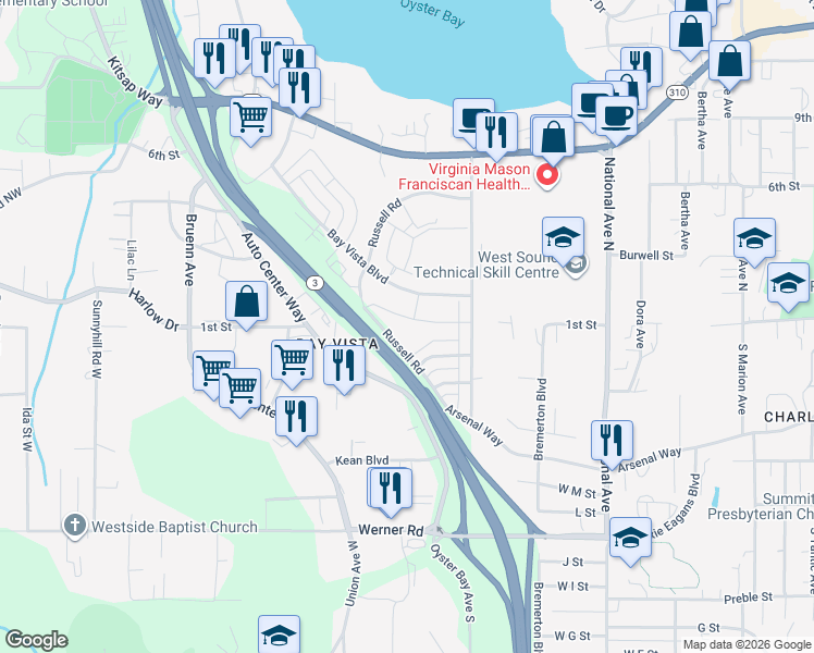 map of restaurants, bars, coffee shops, grocery stores, and more near 4558 Abalone Street in Bremerton