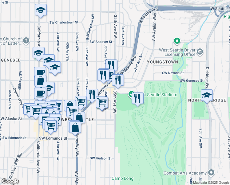 map of restaurants, bars, coffee shops, grocery stores, and more near 3501 Southwest Avalon Way in Seattle