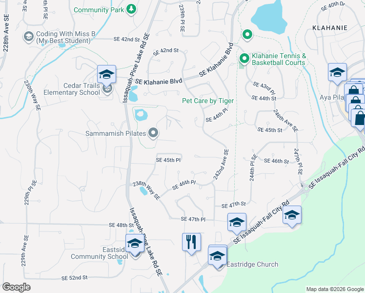 map of restaurants, bars, coffee shops, grocery stores, and more near 23837 Southeast 45th Street in Issaquah