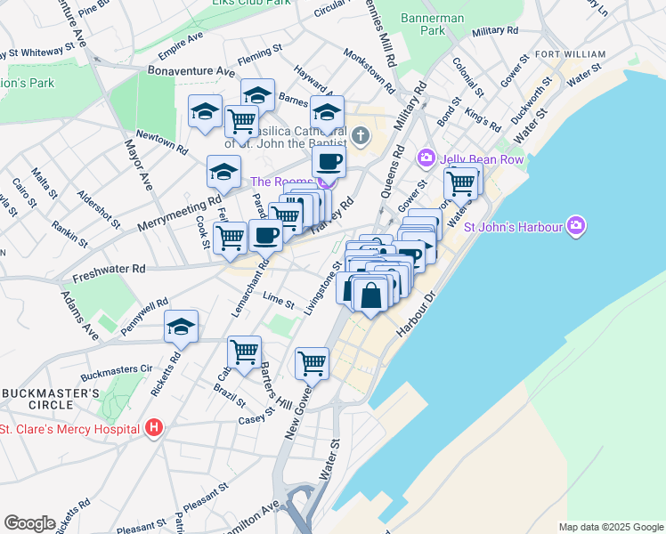 map of restaurants, bars, coffee shops, grocery stores, and more near 64 Livingstone Street in St. John's