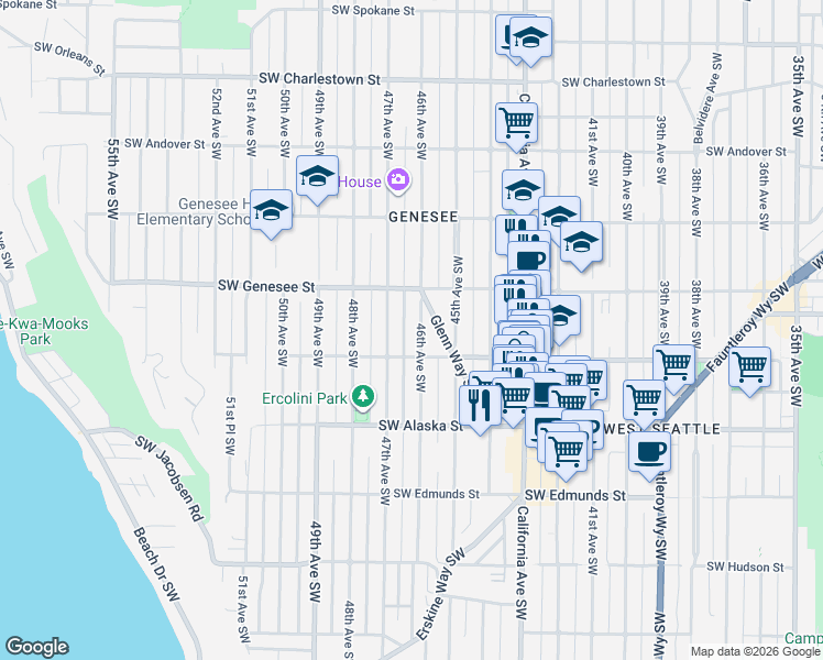 map of restaurants, bars, coffee shops, grocery stores, and more near 4437 46th Avenue Southwest in Seattle