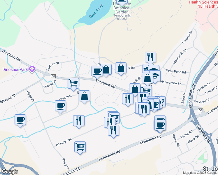 map of restaurants, bars, coffee shops, grocery stores, and more near 83 Thorburn Road in Saint John's