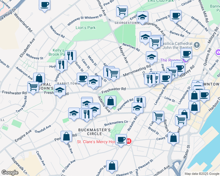 map of restaurants, bars, coffee shops, grocery stores, and more near 112 Freshwater Road in St. John's