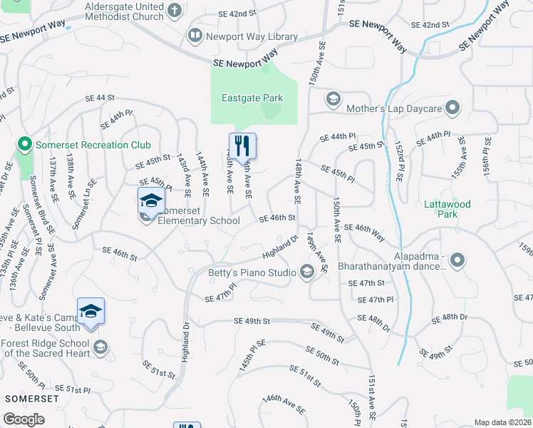 map of restaurants, bars, coffee shops, grocery stores, and more near 4533 147th Avenue Southeast in Bellevue