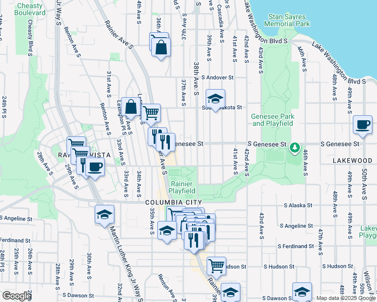 map of restaurants, bars, coffee shops, grocery stores, and more near 4400 37th Avenue South in Seattle