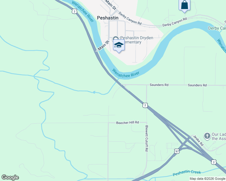 map of restaurants, bars, coffee shops, grocery stores, and more near 8053 Green Road in Peshastin