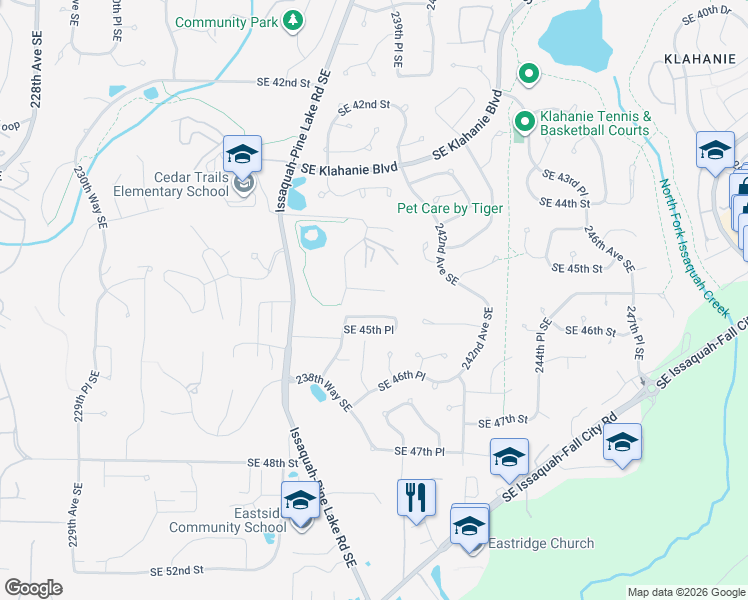 map of restaurants, bars, coffee shops, grocery stores, and more near 23824 Southeast 45th Terrace in Issaquah