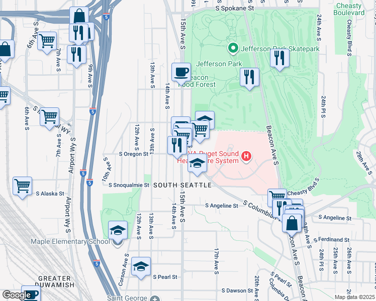 map of restaurants, bars, coffee shops, grocery stores, and more near in Seattle