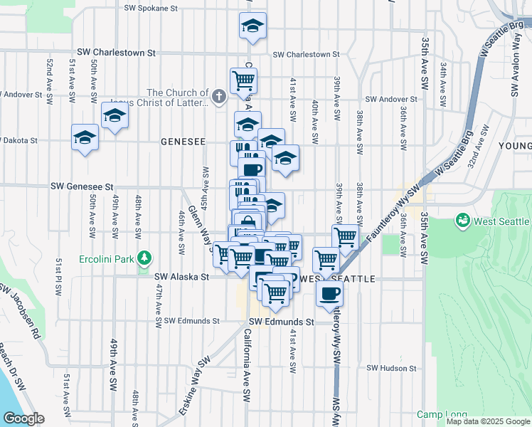 map of restaurants, bars, coffee shops, grocery stores, and more near 4433 42nd Avenue Southwest in Seattle