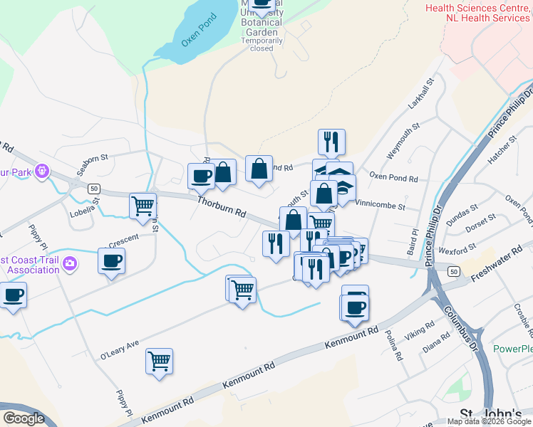 map of restaurants, bars, coffee shops, grocery stores, and more near 78 Thorburn Road in St. John's