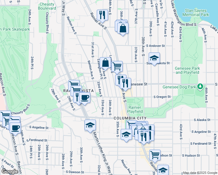 map of restaurants, bars, coffee shops, grocery stores, and more near 4437 34th Avenue South in Seattle