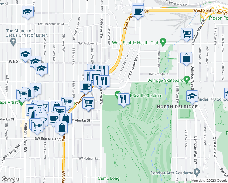 map of restaurants, bars, coffee shops, grocery stores, and more near 3261 Southwest Avalon Way in Seattle