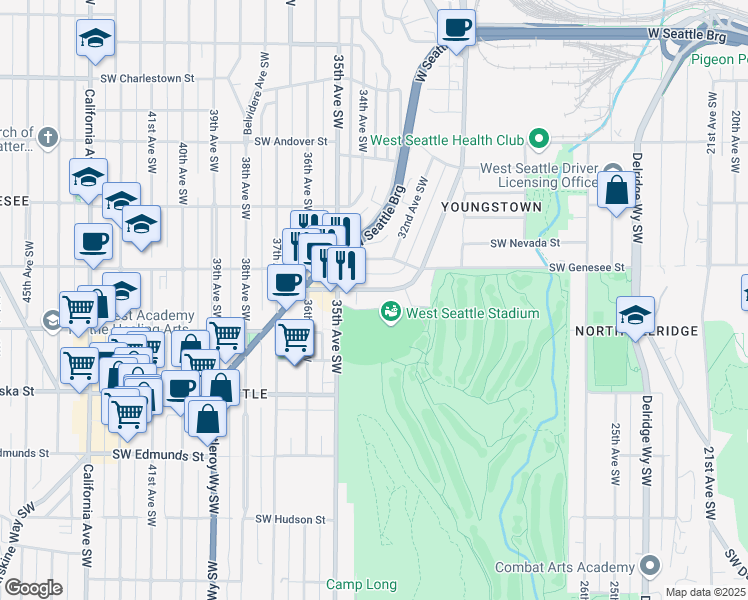 map of restaurants, bars, coffee shops, grocery stores, and more near 3261 Southwest Avalon Way in Seattle