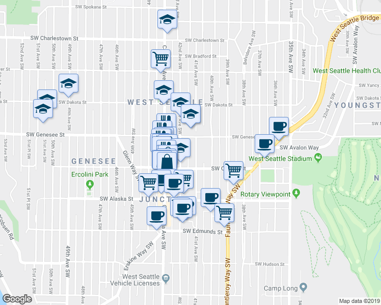 map of restaurants, bars, coffee shops, grocery stores, and more near 4456 42nd Avenue Southwest in Seattle