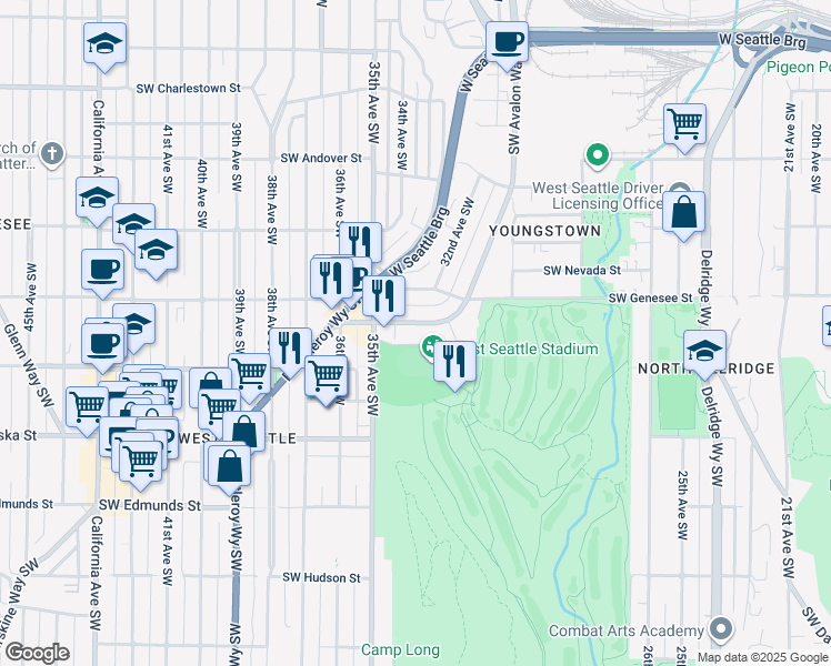 map of restaurants, bars, coffee shops, grocery stores, and more near 3261 Southwest Avalon Way in Seattle