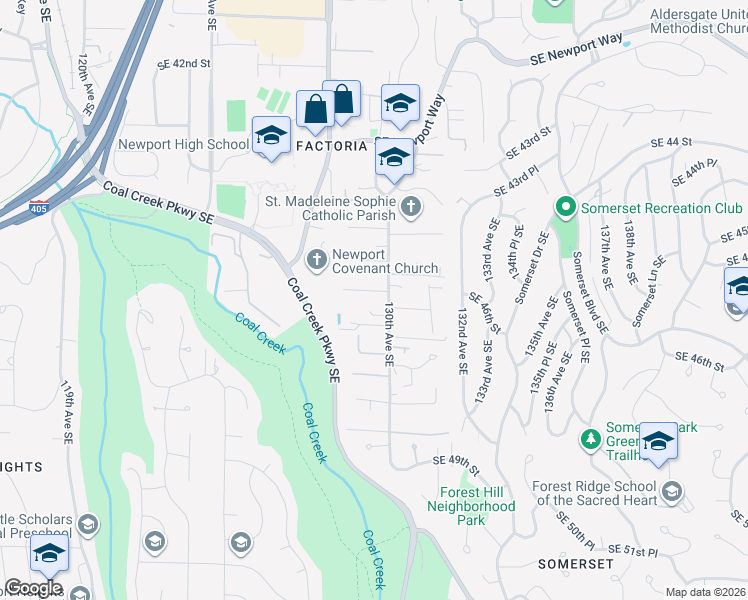 map of restaurants, bars, coffee shops, grocery stores, and more near 4601 130th Avenue Southeast in Bellevue
