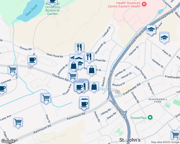 map of restaurants, bars, coffee shops, grocery stores, and more near 4 Macpherson Avenue in St. John's