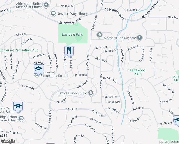 map of restaurants, bars, coffee shops, grocery stores, and more near 4638 148th Avenue Southeast in Bellevue