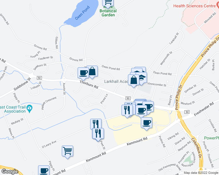 map of restaurants, bars, coffee shops, grocery stores, and more near 78 Thorburn Road in Saint John's