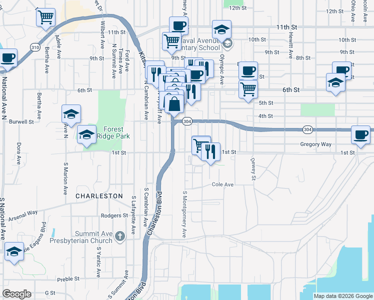 map of restaurants, bars, coffee shops, grocery stores, and more near 102 North Montgomery Avenue in Bremerton
