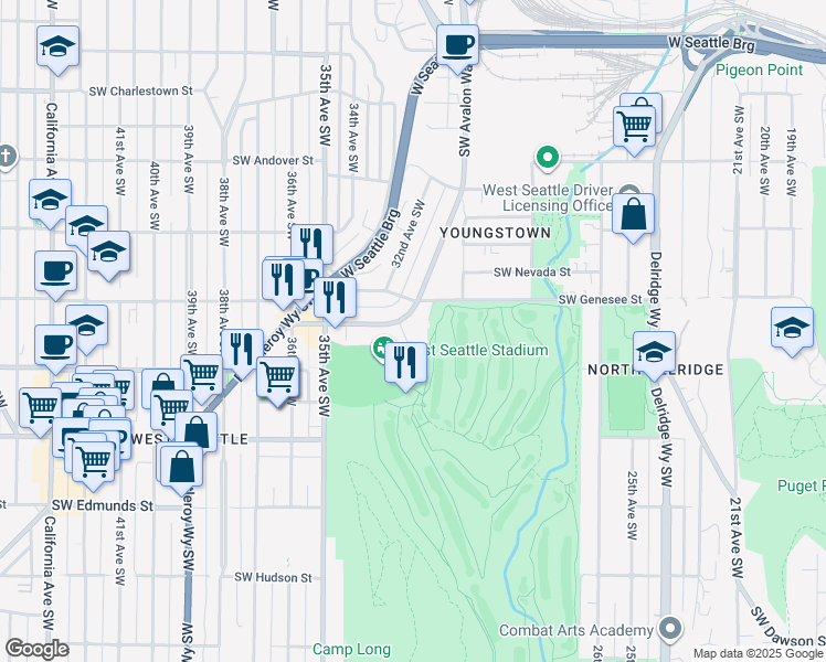 map of restaurants, bars, coffee shops, grocery stores, and more near 3221 Southwest Avalon Way in Seattle