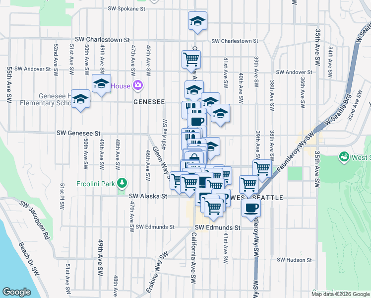 map of restaurants, bars, coffee shops, grocery stores, and more near 4428 44th Avenue Southwest in Seattle