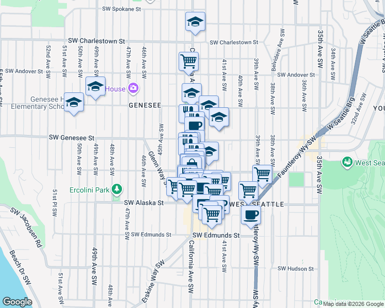 map of restaurants, bars, coffee shops, grocery stores, and more near 4440 California Avenue Southwest in Seattle