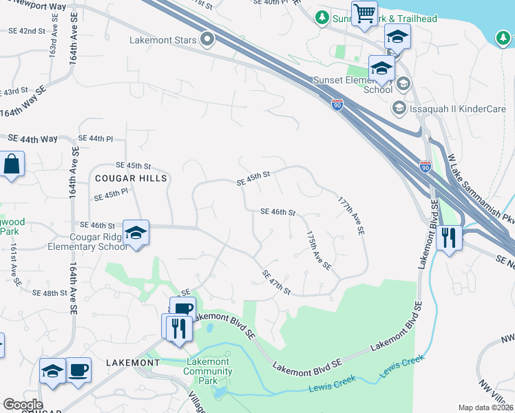 map of restaurants, bars, coffee shops, grocery stores, and more near 4603 172nd Avenue Southeast in Bellevue