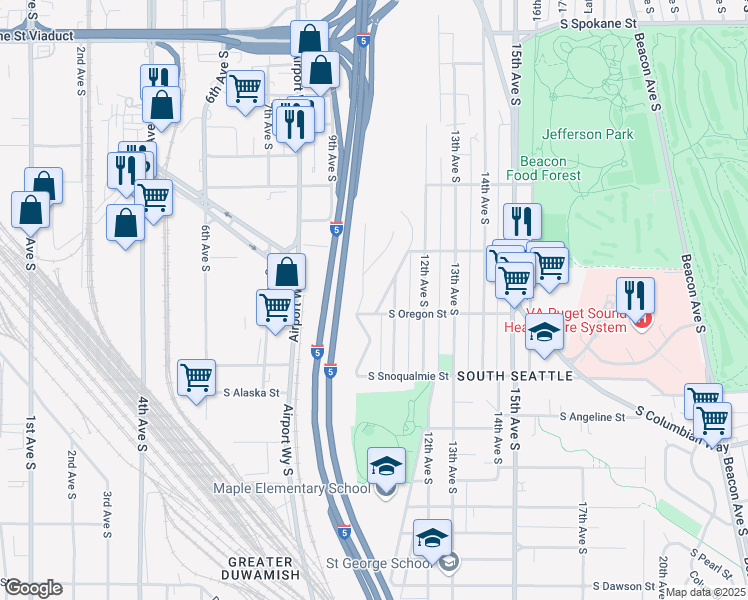 map of restaurants, bars, coffee shops, grocery stores, and more near 4425 11th Avenue South in Seattle