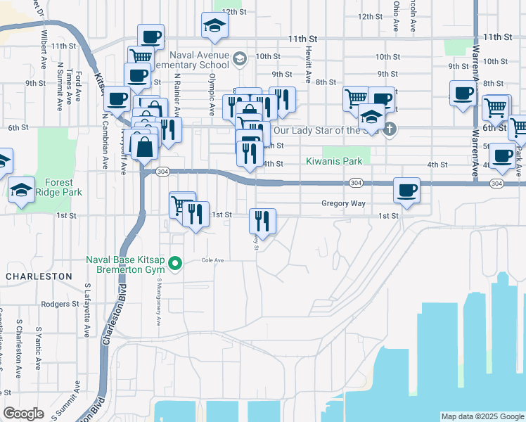map of restaurants, bars, coffee shops, grocery stores, and more near in Bremerton