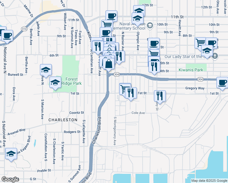 map of restaurants, bars, coffee shops, grocery stores, and more near 2 1st Street in Bremerton