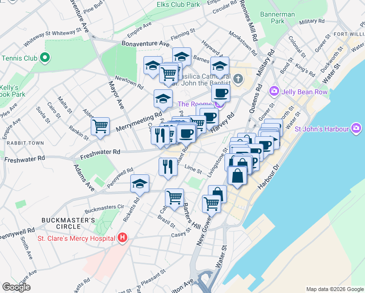 map of restaurants, bars, coffee shops, grocery stores, and more near 6 Lemarchant Road in St. John's