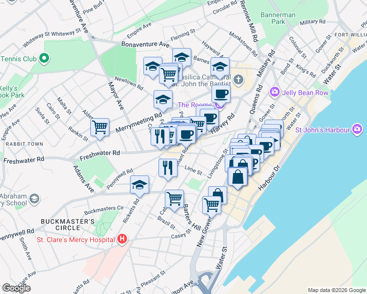 map of restaurants, bars, coffee shops, grocery stores, and more near in St. John's