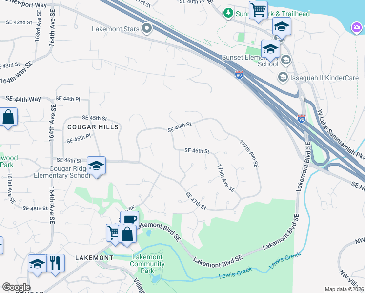 map of restaurants, bars, coffee shops, grocery stores, and more near 17206 Southeast 46th Street in Bellevue
