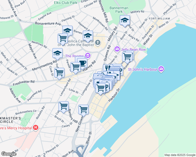 map of restaurants, bars, coffee shops, grocery stores, and more near 114 Queens Road in St. John's