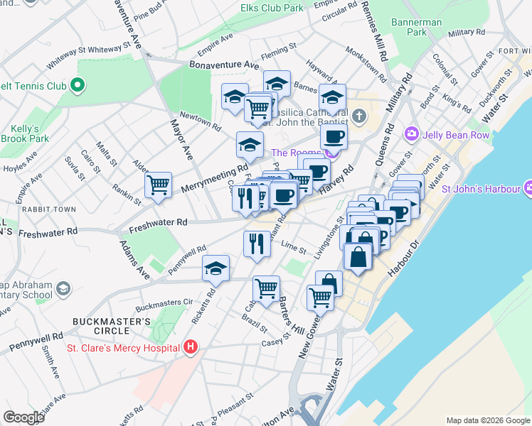 map of restaurants, bars, coffee shops, grocery stores, and more near in St. John's