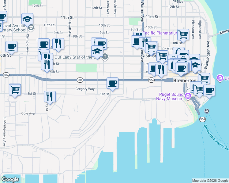 map of restaurants, bars, coffee shops, grocery stores, and more near 102 State Avenue in Bremerton