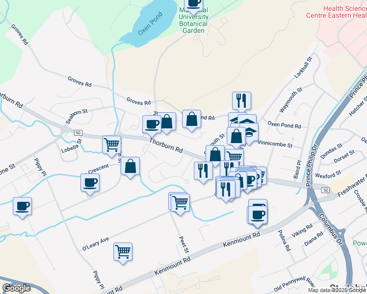 map of restaurants, bars, coffee shops, grocery stores, and more near 82 Thorburn Road in St. John's
