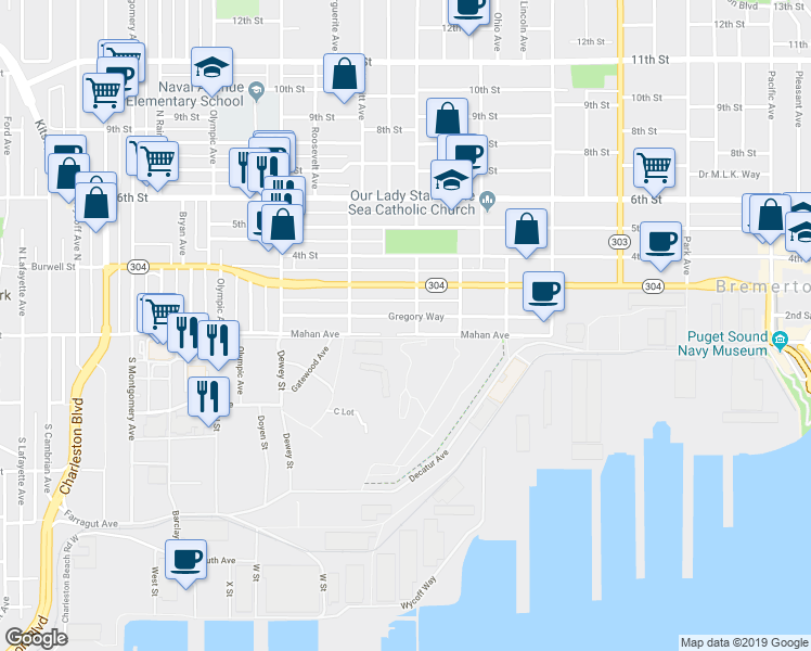 map of restaurants, bars, coffee shops, grocery stores, and more near 1709 Gregory Way in Bremerton