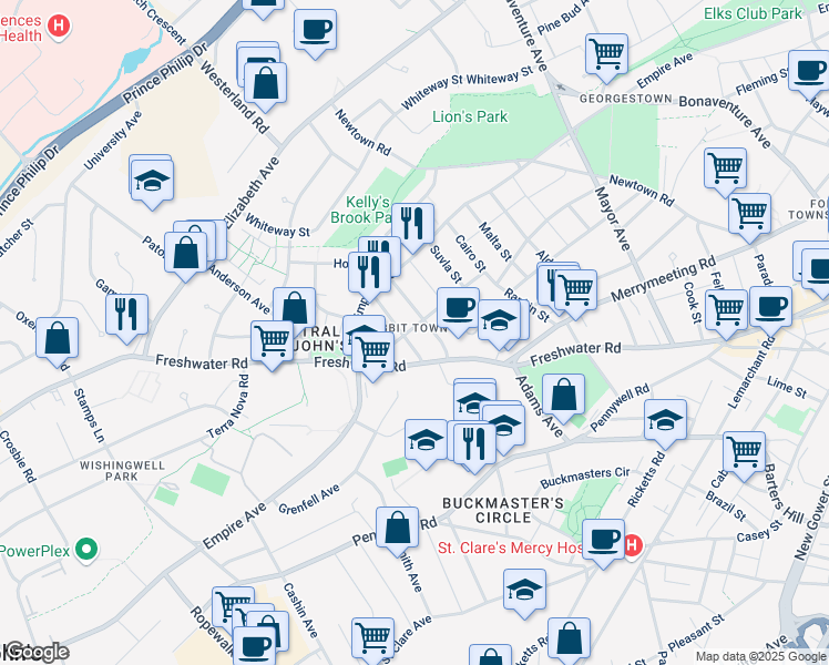 map of restaurants, bars, coffee shops, grocery stores, and more near 43 Liverpool Avenue in St. John's