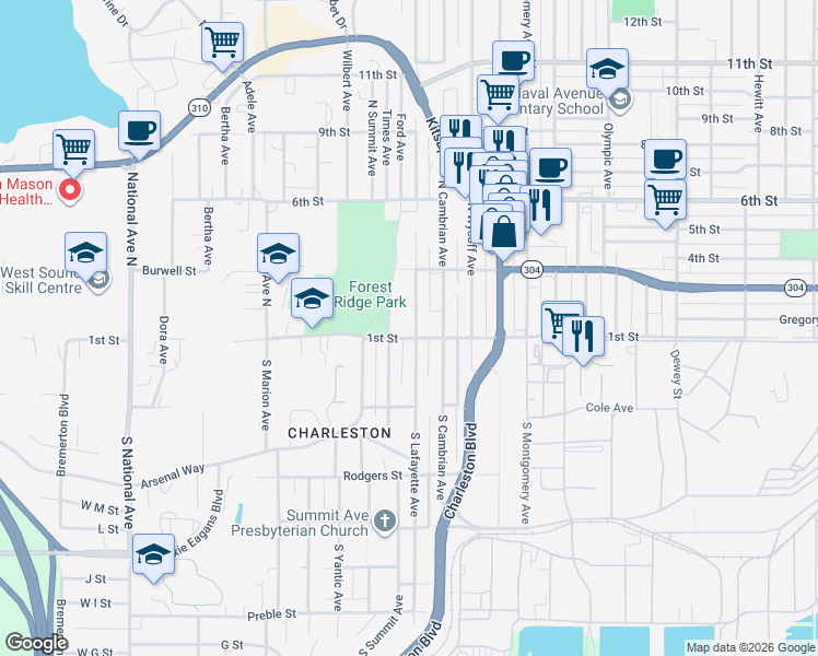 map of restaurants, bars, coffee shops, grocery stores, and more near 127 North Lafayette Avenue in Bremerton