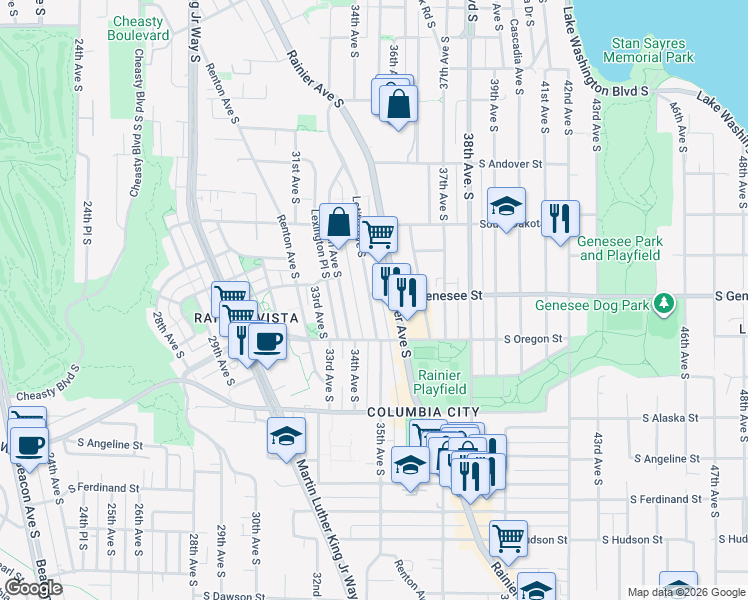 map of restaurants, bars, coffee shops, grocery stores, and more near 4420 Letitia Avenue South in Seattle