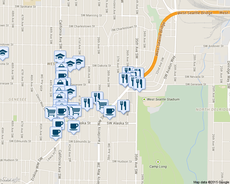 map of restaurants, bars, coffee shops, grocery stores, and more near 4431 37th Avenue Southwest in Seattle