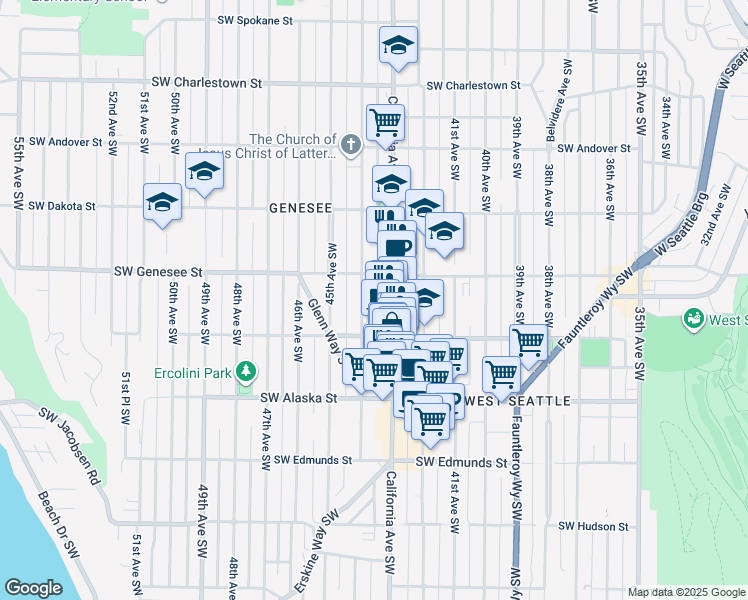 map of restaurants, bars, coffee shops, grocery stores, and more near 4444 44th Avenue Southwest in Seattle