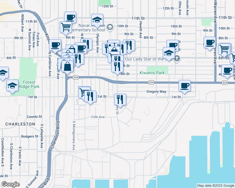 map of restaurants, bars, coffee shops, grocery stores, and more near in Bremerton