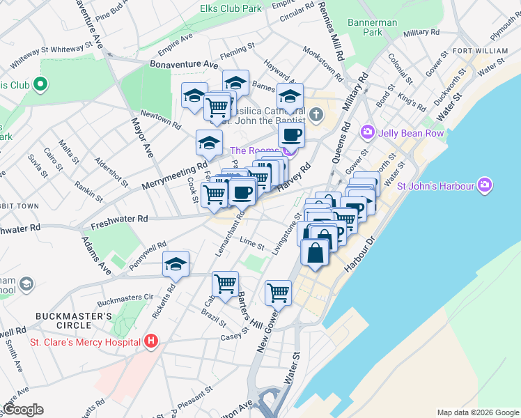 map of restaurants, bars, coffee shops, grocery stores, and more near 5 Murray Street in St. John's